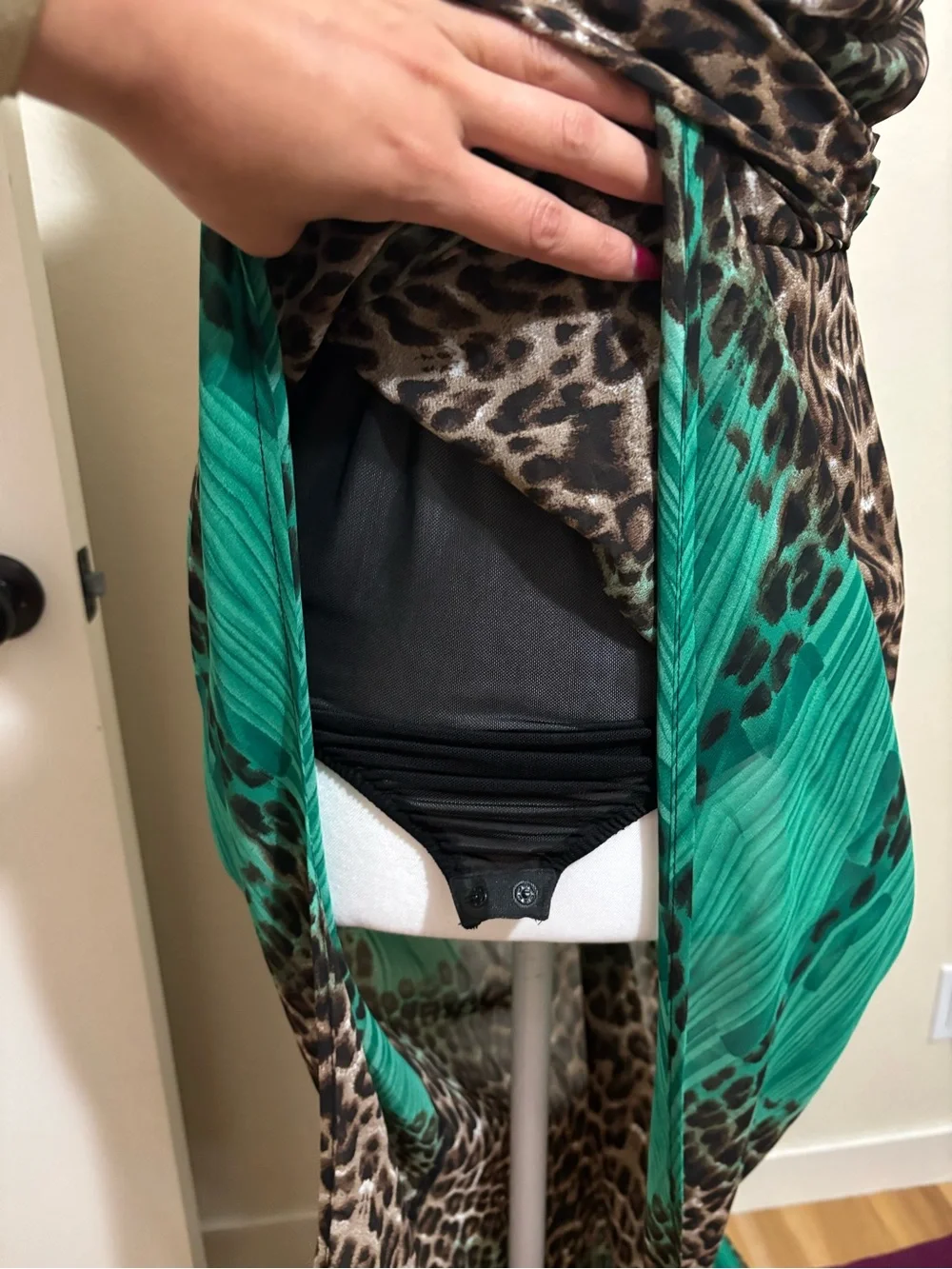 Leopard Print Strapless High-Low Maxi Dress with Green Panels